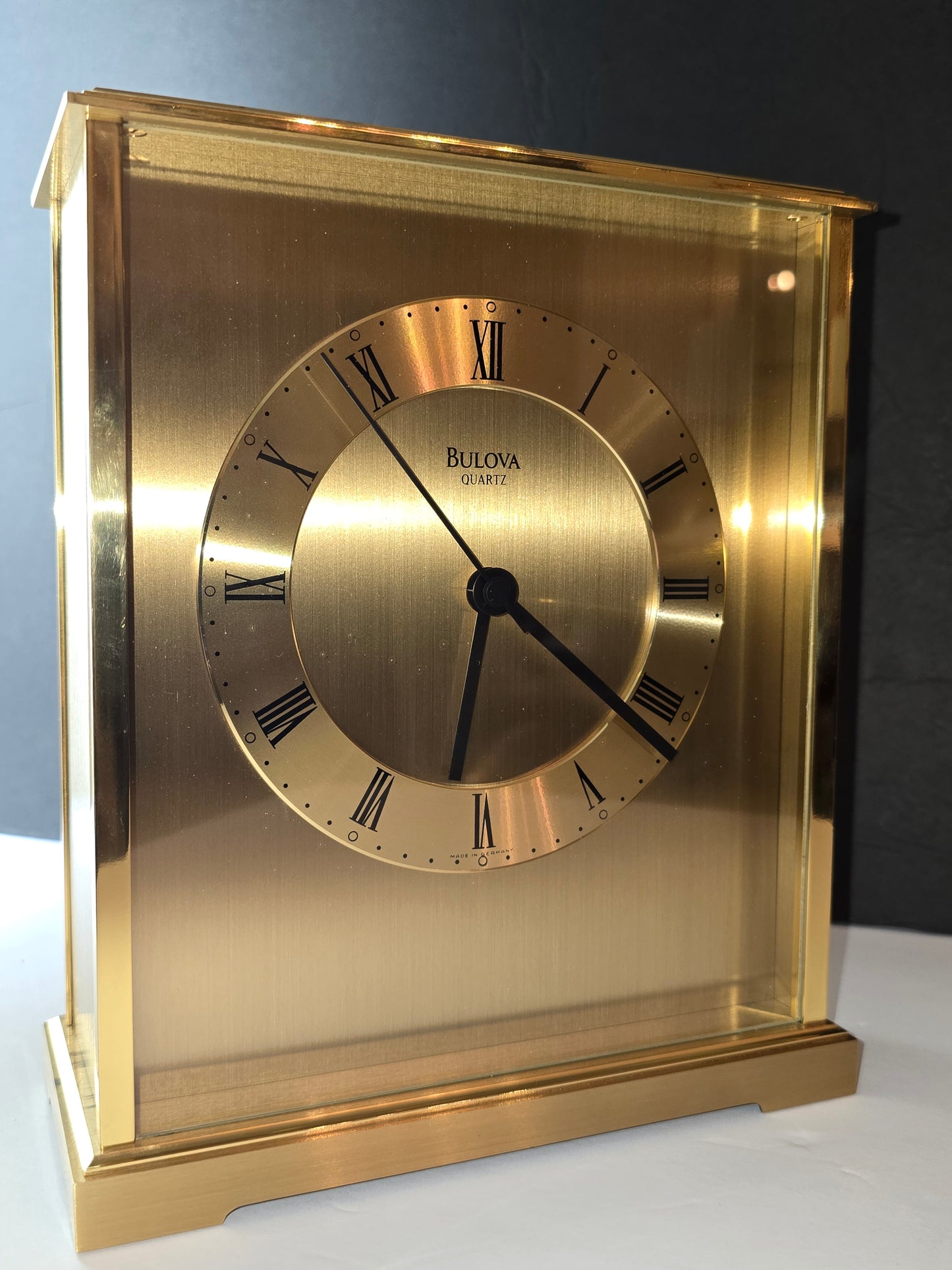 Vintage Bulova mantel shelf clock heavy brushed brass Germany made