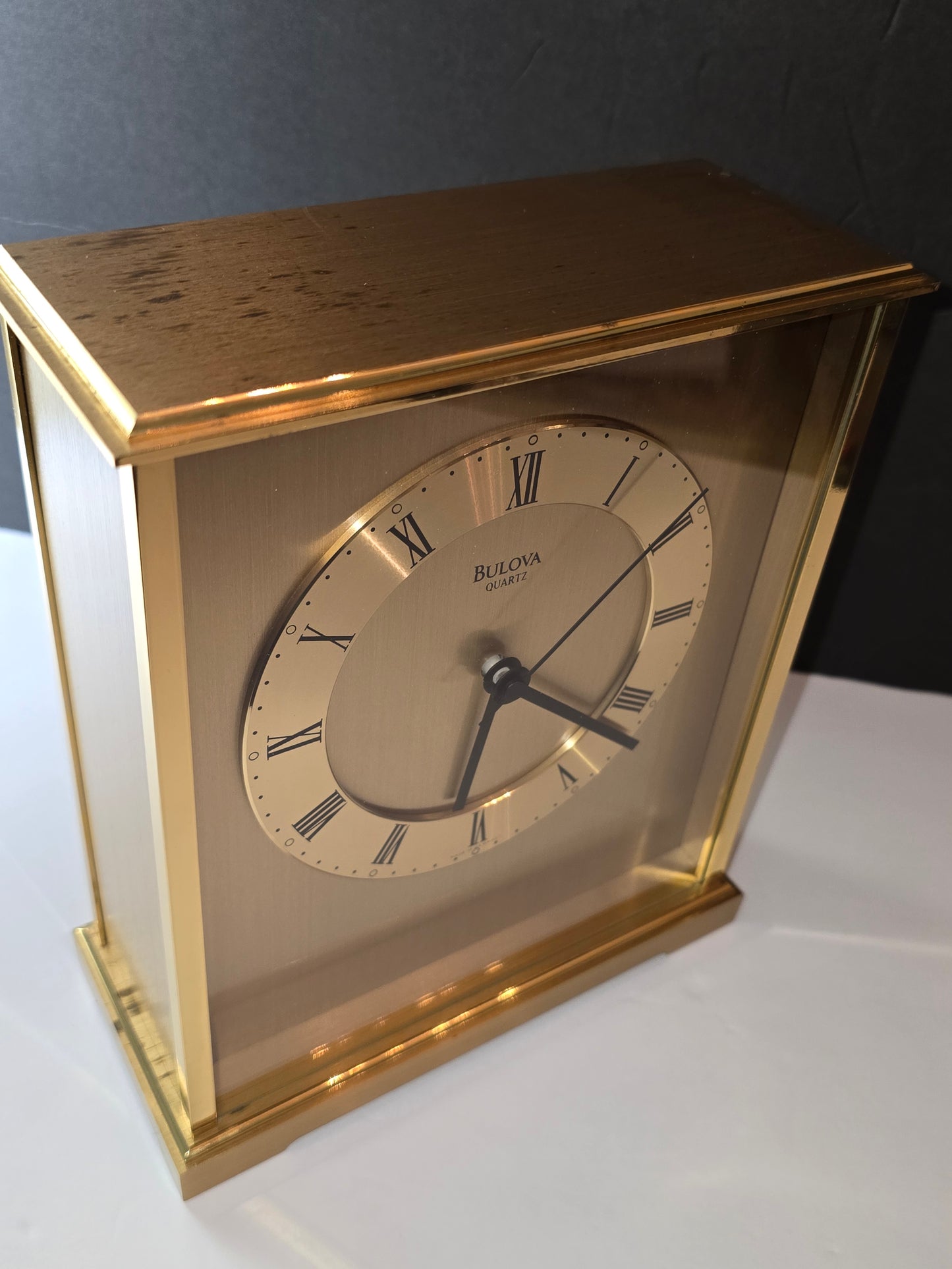 Vintage Bulova mantel shelf clock heavy brushed brass Germany made