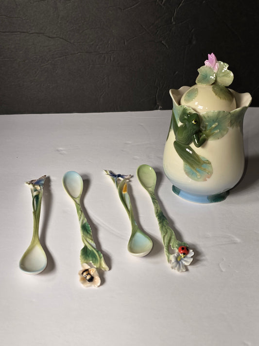 Franz porcelain teacup saucer lid and four spoons