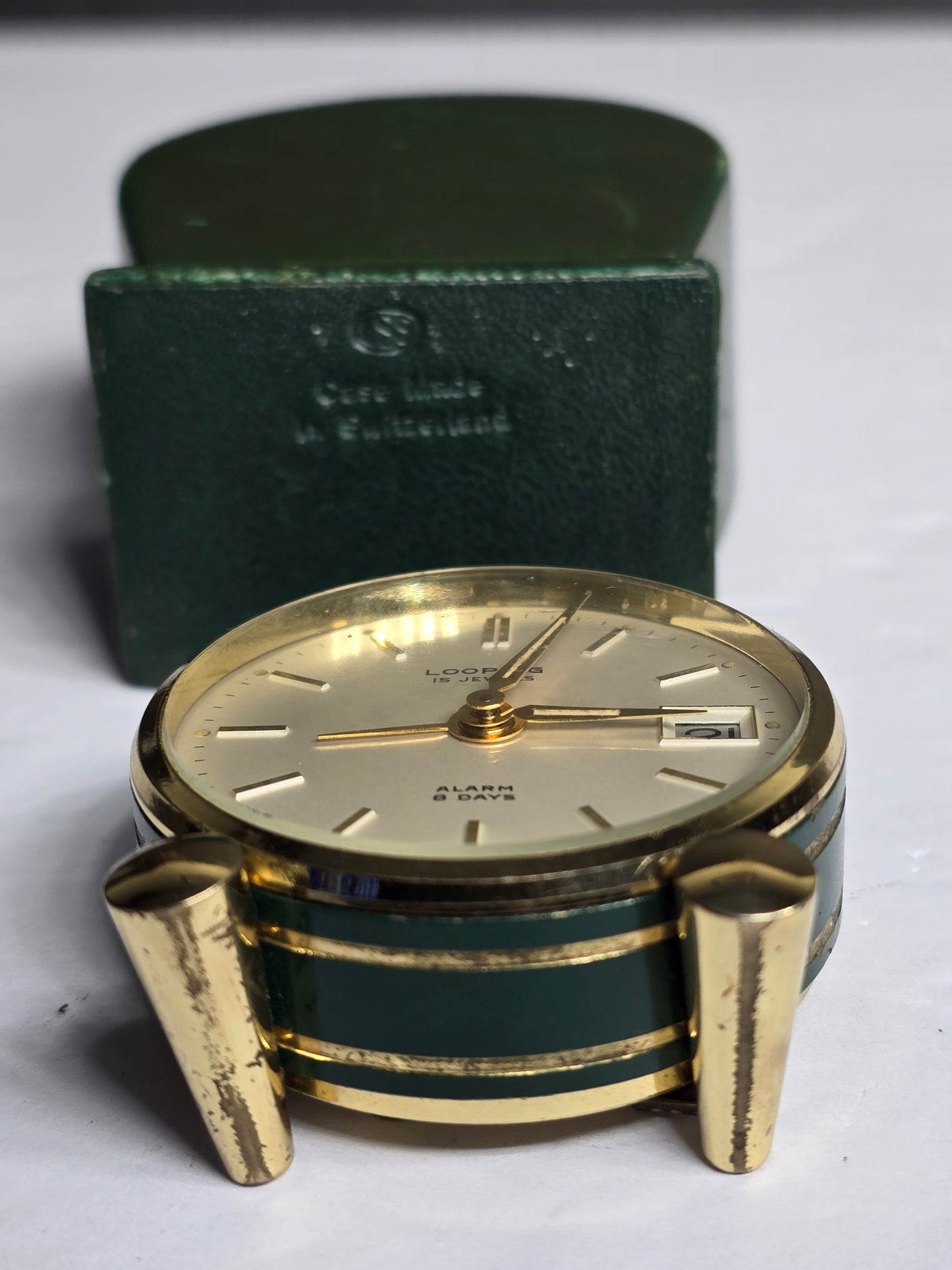 Vintage Looping 15 Jewels 8 Days Travel Alarm Clock Date Window and Case