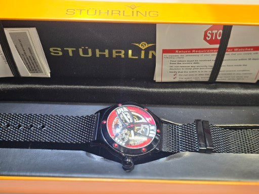 Scarce Stuhrling alpine slalom skeleton automatic men's watch original case and papers