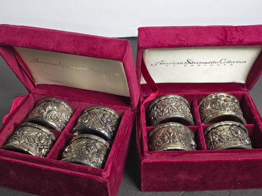 Vintage Godinger 8 silver plate floral napkin rings new in box