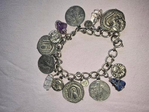 Sterling Silver Ancient Roman coin charm bracelet with natural stones accents "VINTAGE"