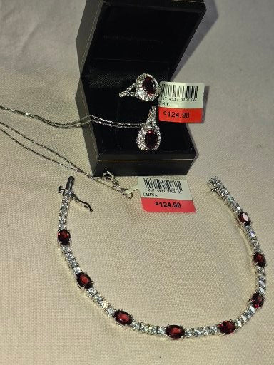 SS Natural Red Garnet, CZ &  lab created wht Sapphire Tennis Bracelet,Ring & Necklace NEW