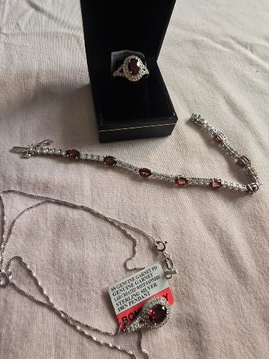 SS Natural Red Garnet, CZ &  lab created wht Sapphire Tennis Bracelet,Ring & Necklace NEW