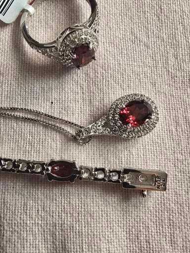 SS Natural Red Garnet, CZ &  lab created wht Sapphire Tennis Bracelet,Ring & Necklace NEW