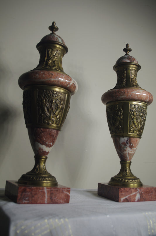 ANTIQUE PAIR OF 1870 BRASS AND MARBLE URNS