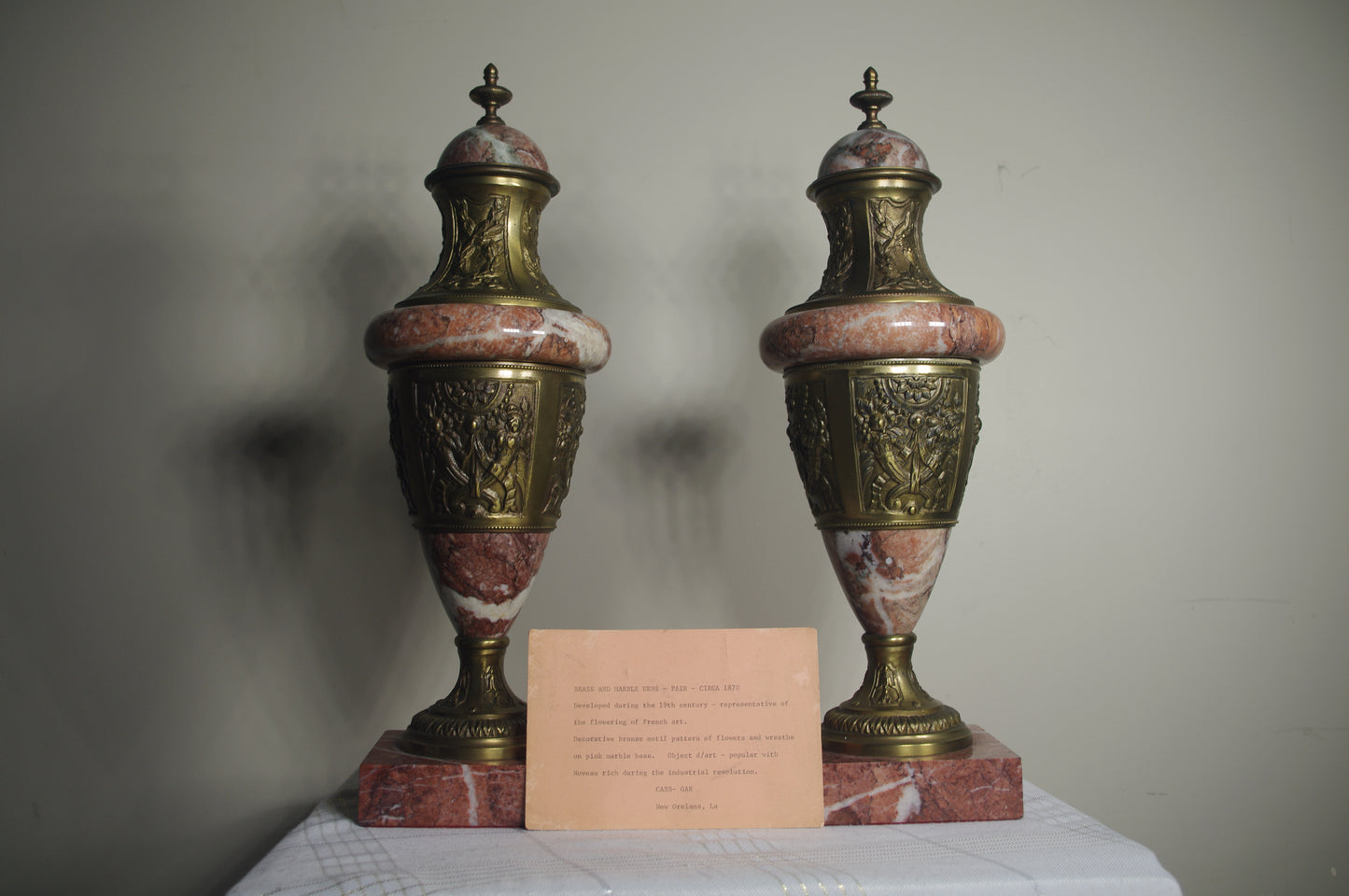 ANTIQUE PAIR OF 1870 BRASS AND MARBLE URNS